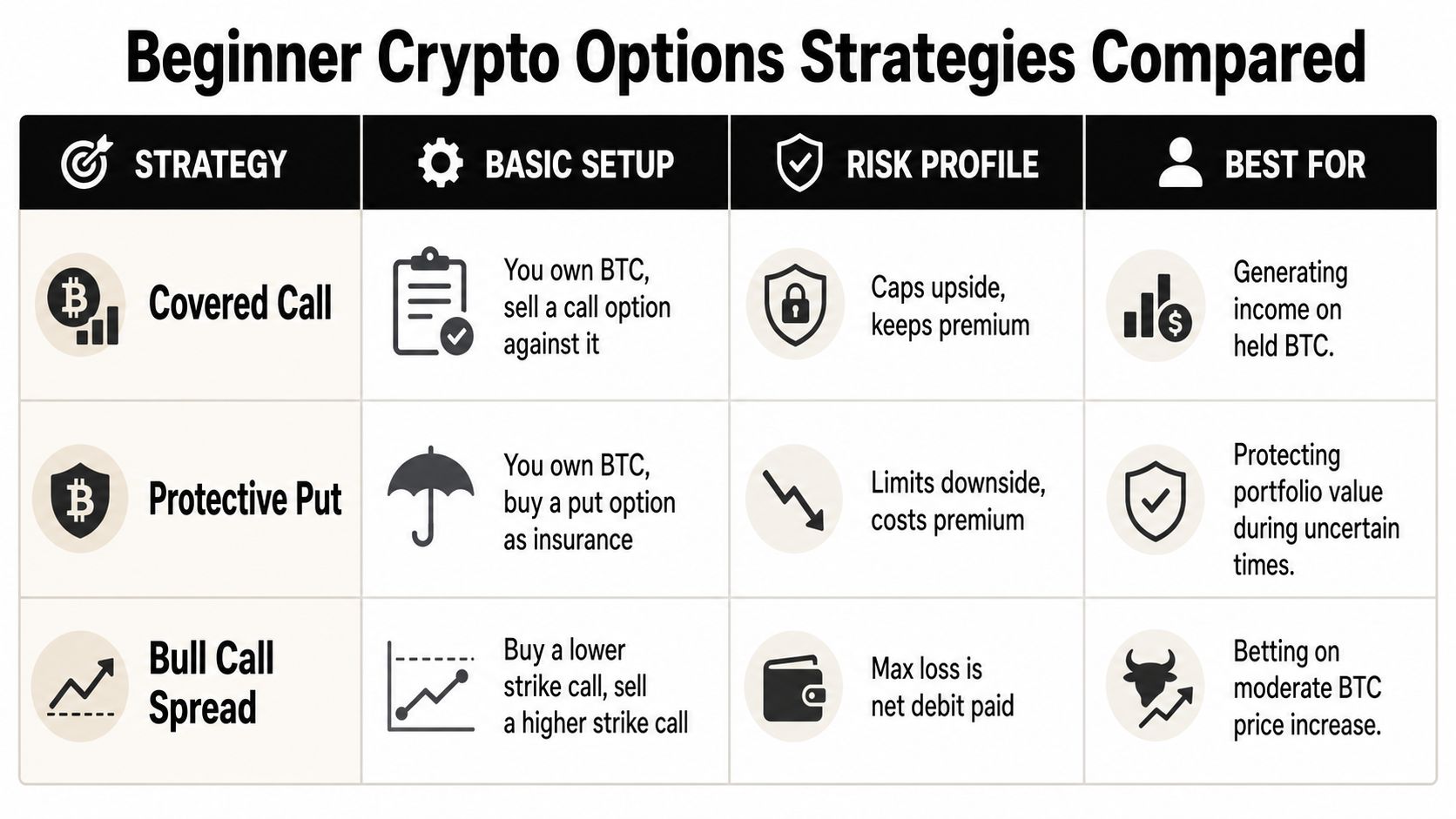 A table comparing three beginner cryptocurrency options strategies: covered call, protective put, and bull call spread.
