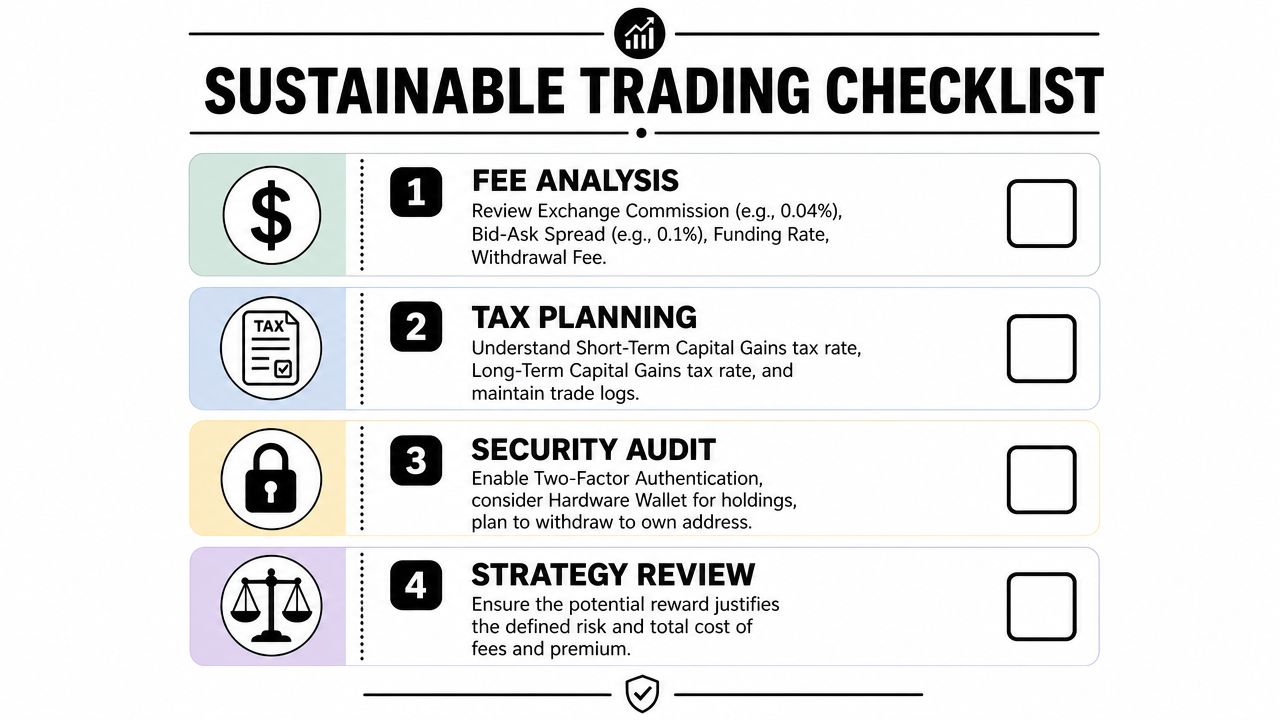 A sustainable trading checklist outlining four key steps: fee analysis, tax planning, security audit, and strategy review.