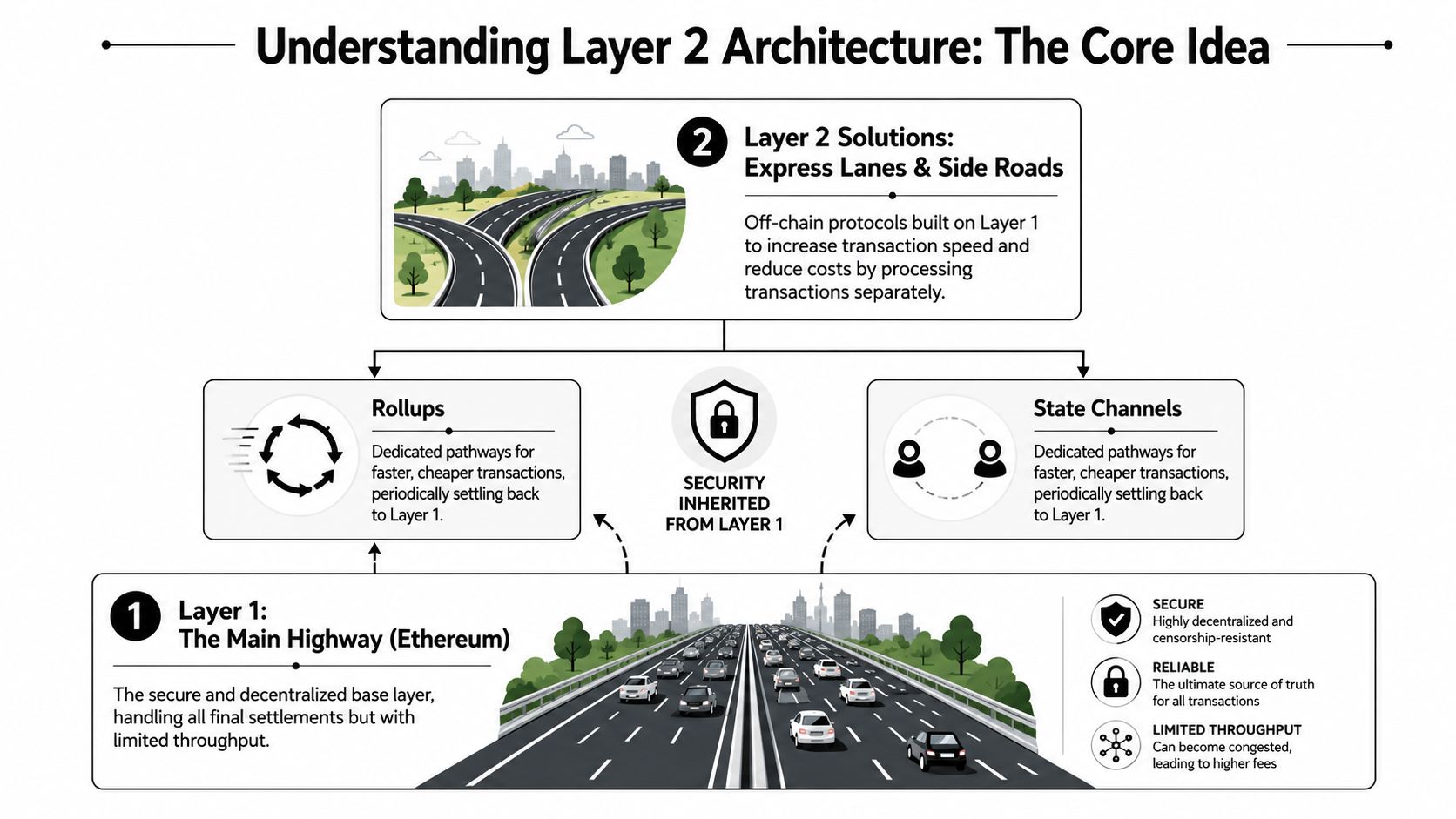 A diagram illustrating how Layer 2 scaling solutions help improve Ethereum network speed and transaction costs.