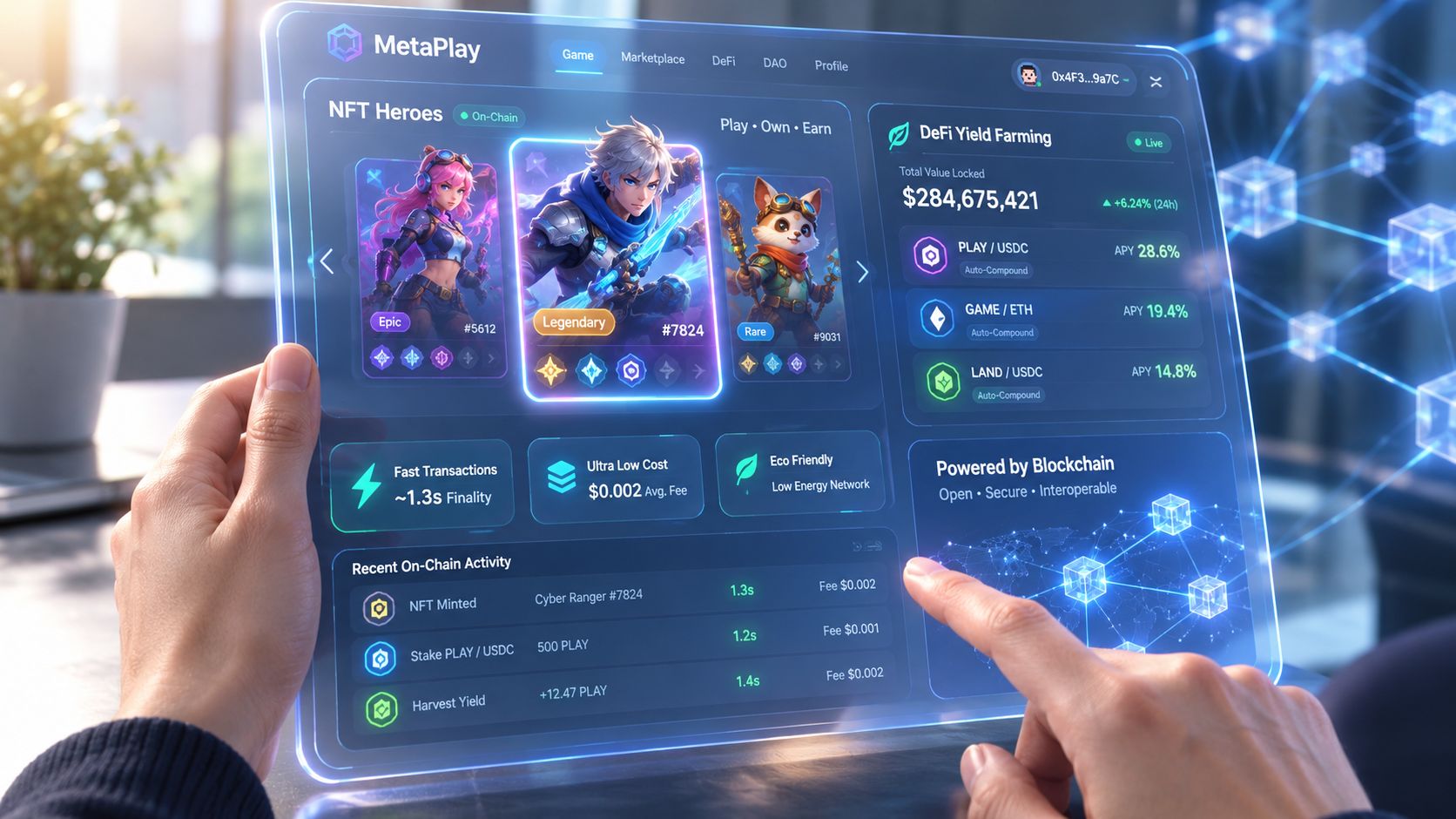A person interacting with a futuristic, transparent digital dashboard showcasing NFT heroes and decentralized finance analytics.