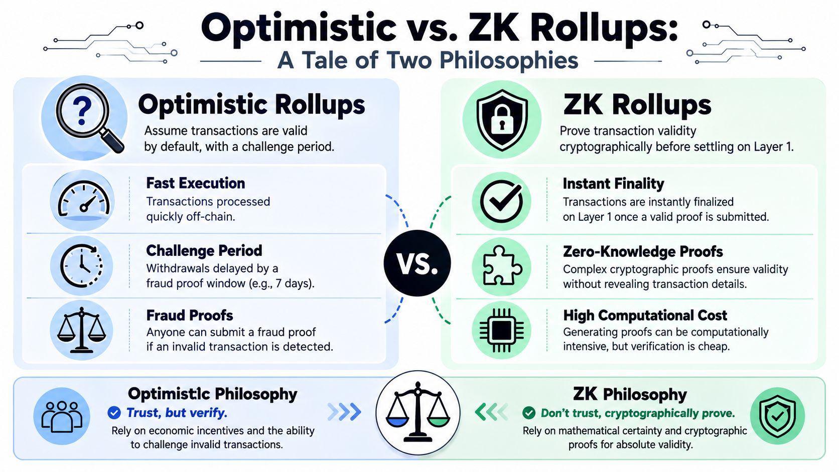 A comparison chart showing the differences between Optimistic Rollups and ZK Rollups, focusing on their distinct philosophies.