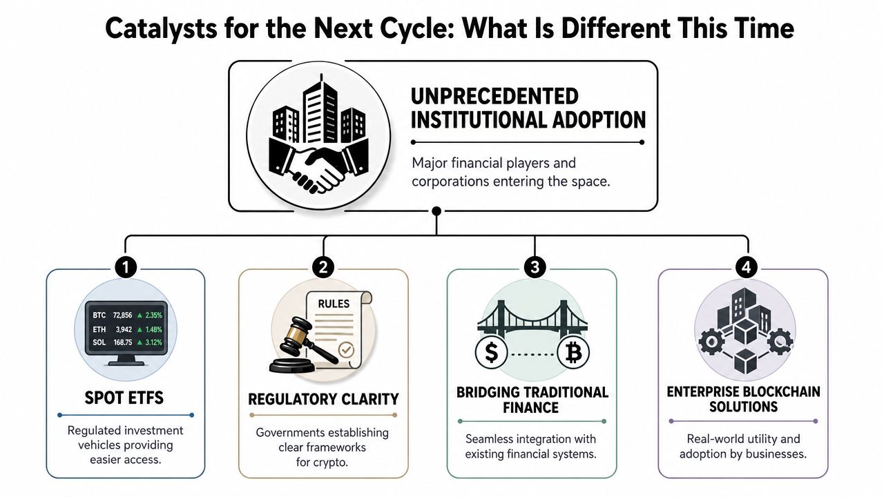 An infographic titled Catalysts for the Next Cycle, highlighting institutional adoption, spot ETFs, and regulatory clarity for cryptocurrencies.