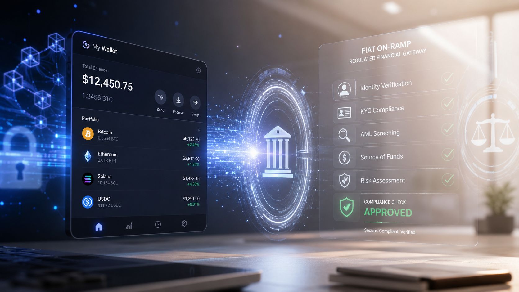 A digital interface showing a cryptocurrency wallet next to a regulated fiat on-ramp compliance dashboard.