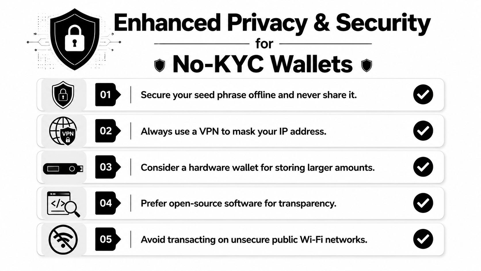An infographic listing five essential security tips for maintaining privacy when using no-KYC cryptocurrency wallets.