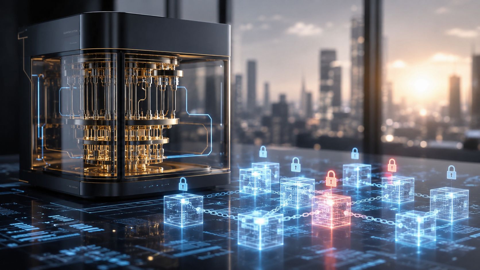 A sophisticated quantum computer model connected to a digital blockchain network with highlighted secure data blocks.