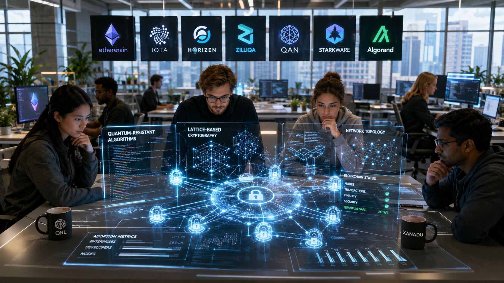 A team of researchers analyzing quantum-resistant blockchain technology on a futuristic digital holographic interface at their office.