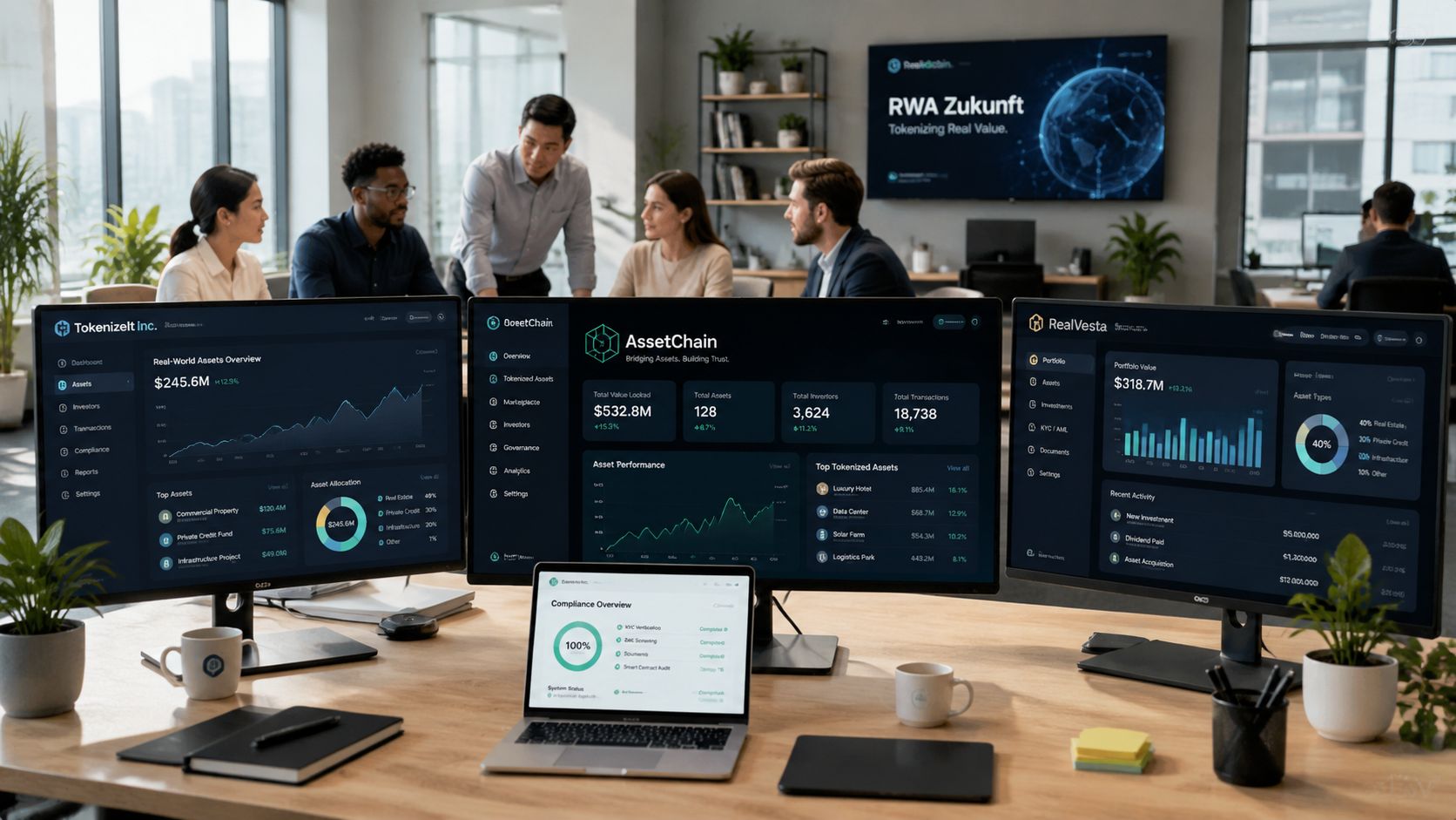 A professional team collaborating in a modern office with multiple digital dashboards showing RWA tokenization data visualizations.