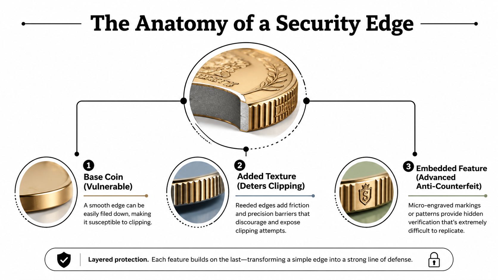 An infographic titled The Anatomy of a Security Edge, detailing three layers of coin edge protection technology.