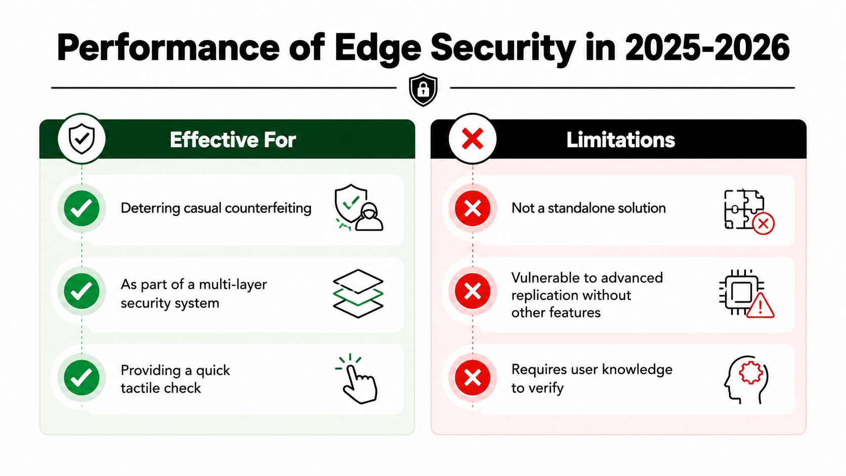 A comparison chart outlining the effectiveness and limitations of edge security measures for 2025 and 2026.