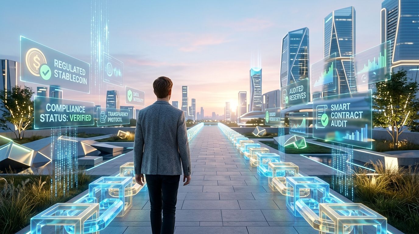 A businessman looking at a futuristic digital cityscape featuring floating blockchain icons and stablecoin regulation data.