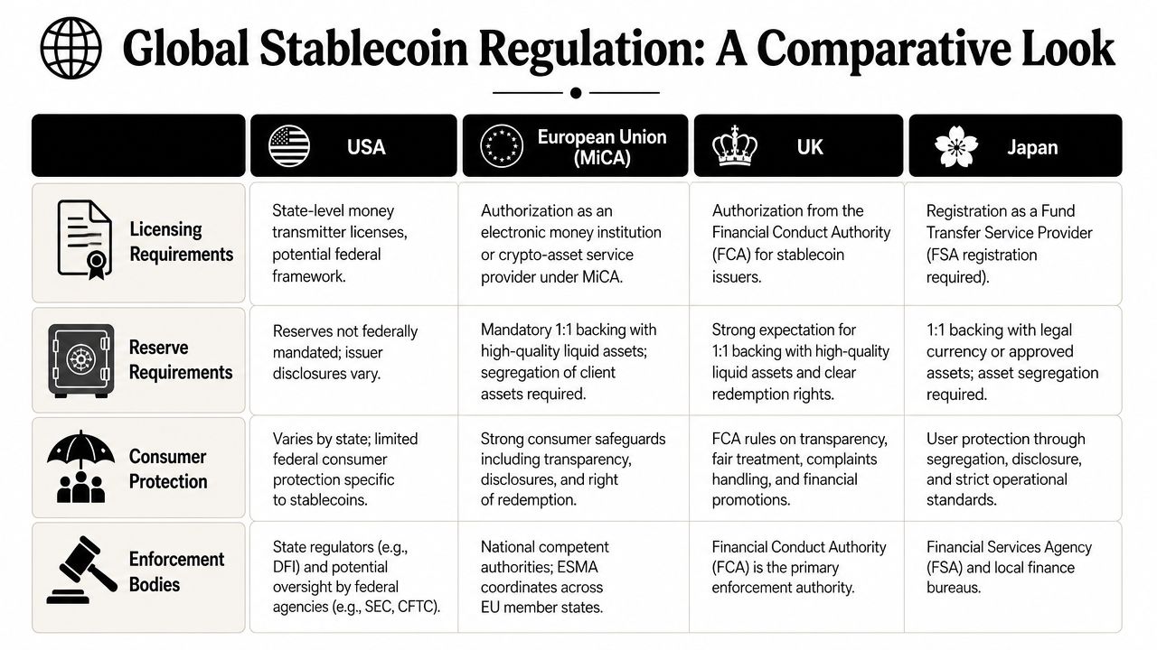 A comparison table outlining stablecoin regulations in the USA, European Union, UK, and Japan by category.
