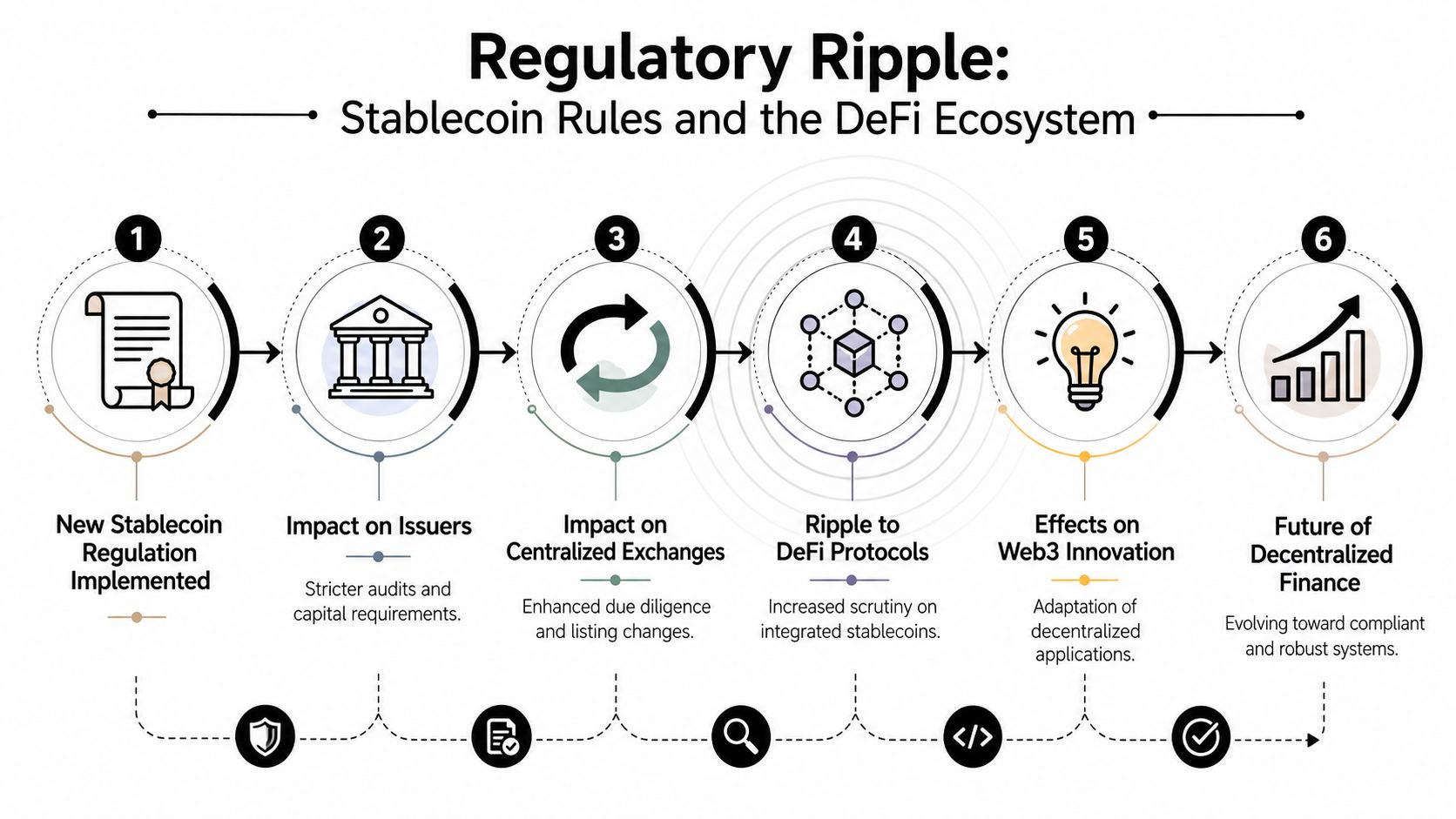 A six-step infographic titled Regulatory Ripple showing the impact of new stablecoin regulations on the DeFi ecosystem.
