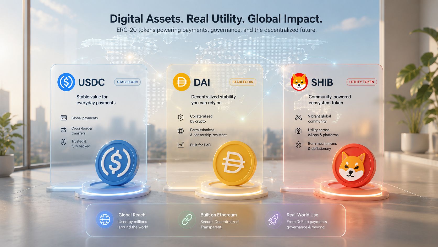 A digital infographic explaining ERC-20 tokens featuring USDC, DAI, and SHIB coins on glass display stands.