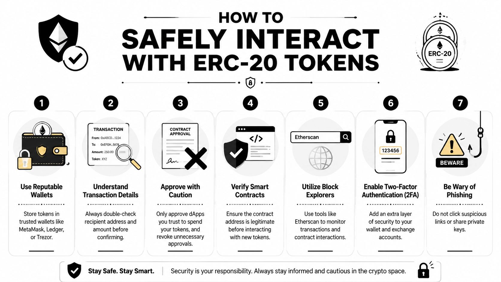 An infographic showing seven essential security tips for safely interacting with ERC-20 cryptocurrency tokens.