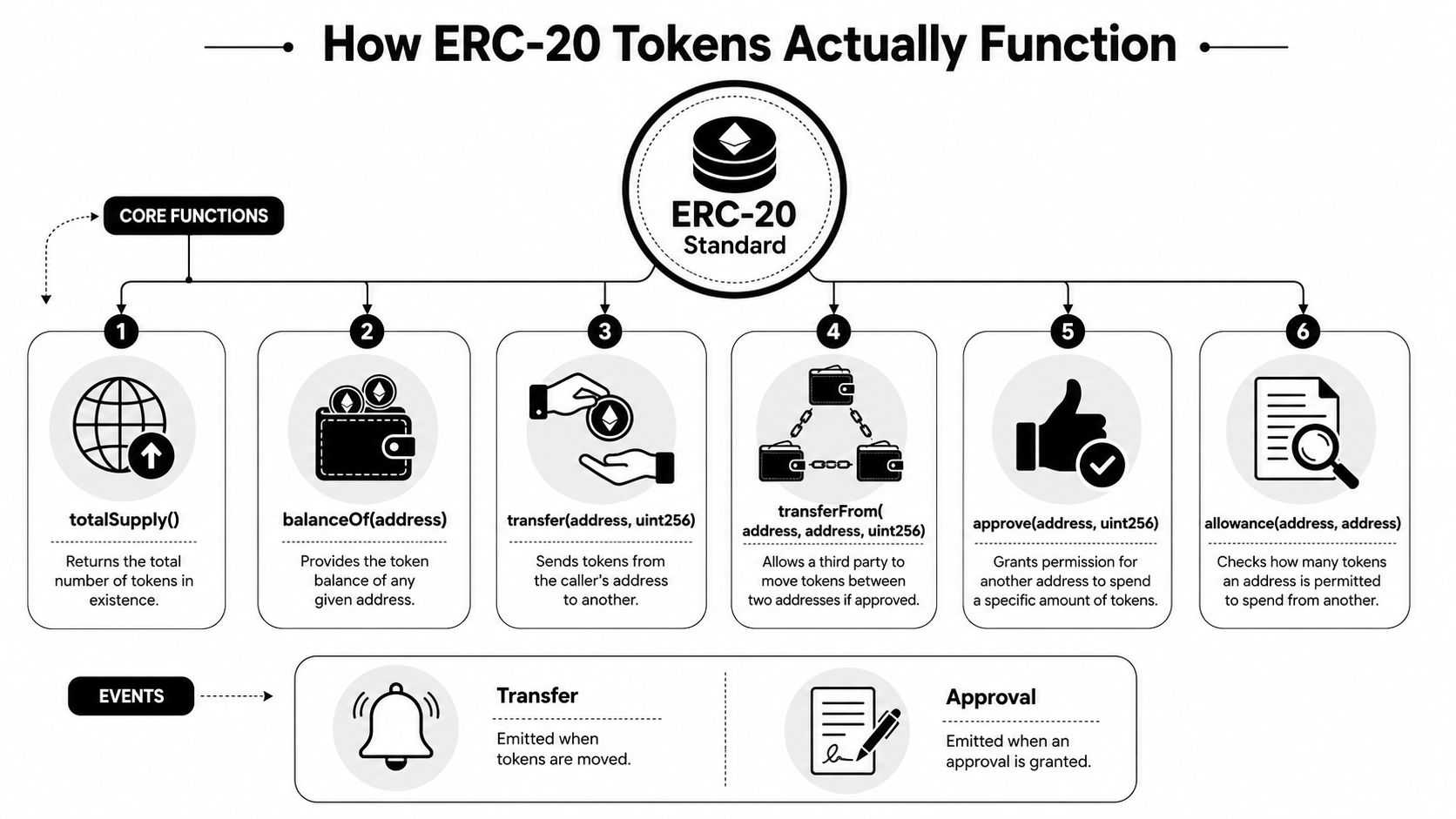 A diagram illustrating the core functions and events of the ERC-20 token standard for blockchain development.
