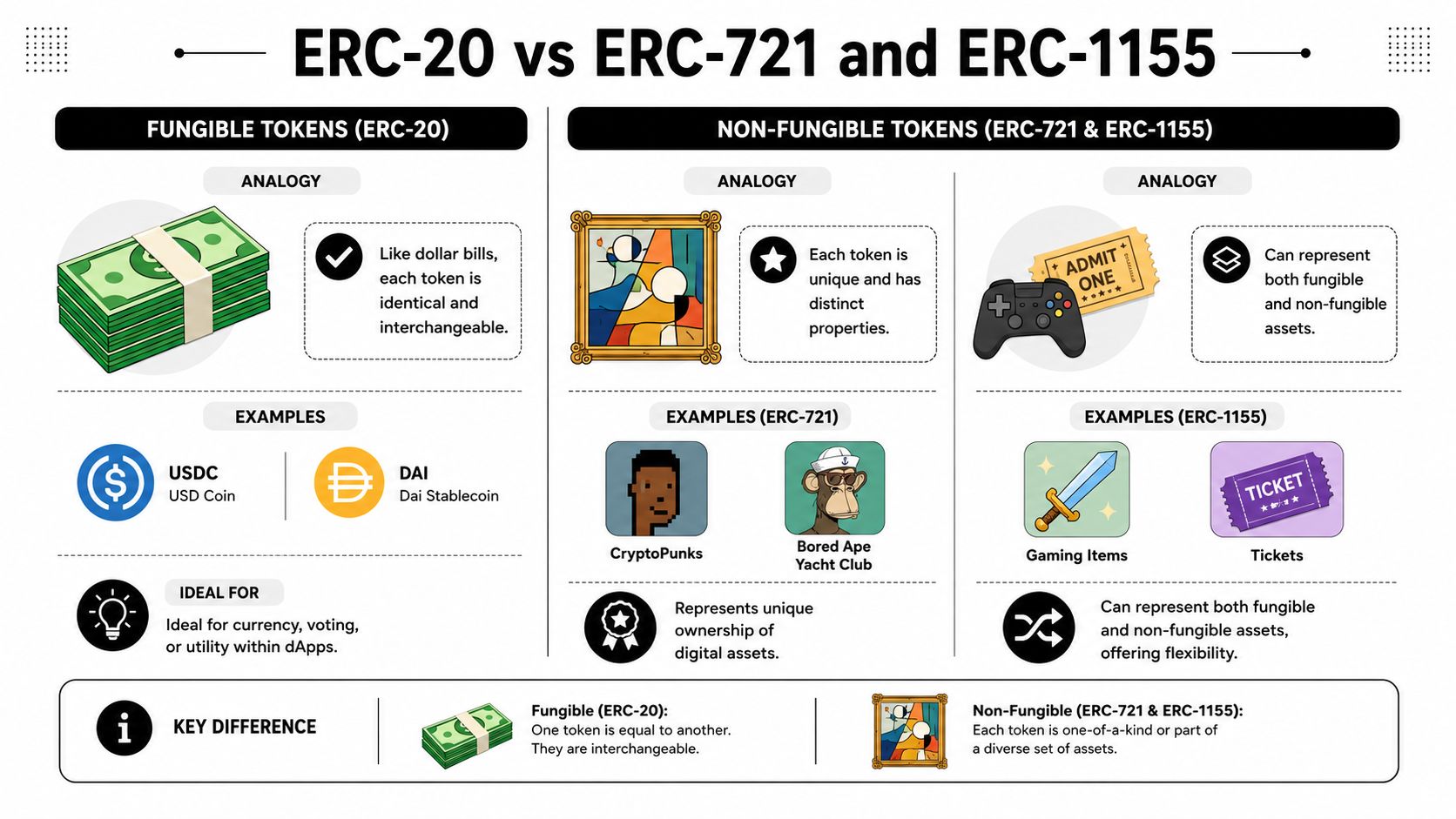 A comparison infographic explaining the differences between ERC-20 fungible tokens and ERC-721 and ERC-1155 non-fungible tokens.