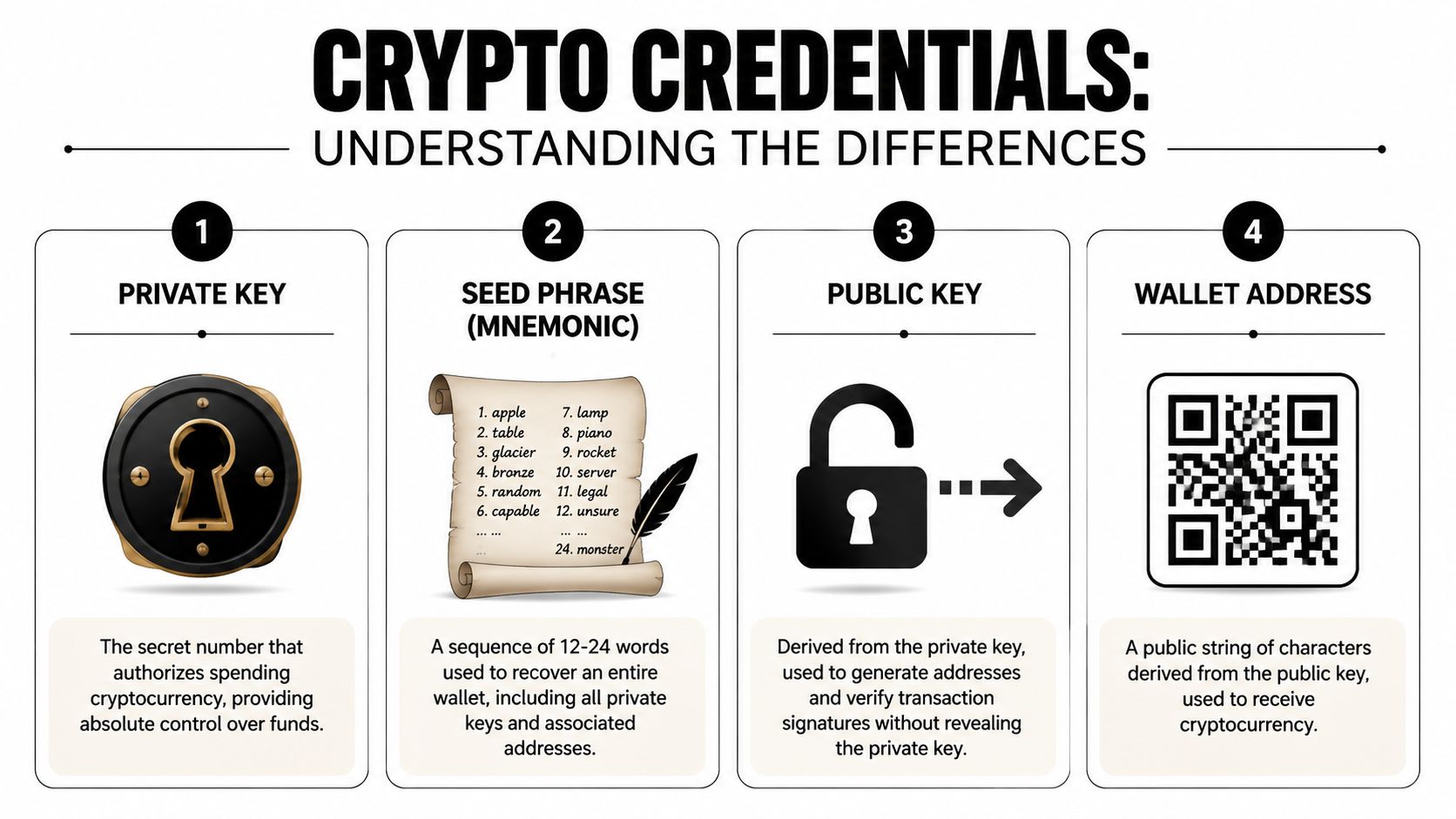 An infographic explaining the differences between crypto credentials including private keys, seed phrases, public keys, and wallet addresses.