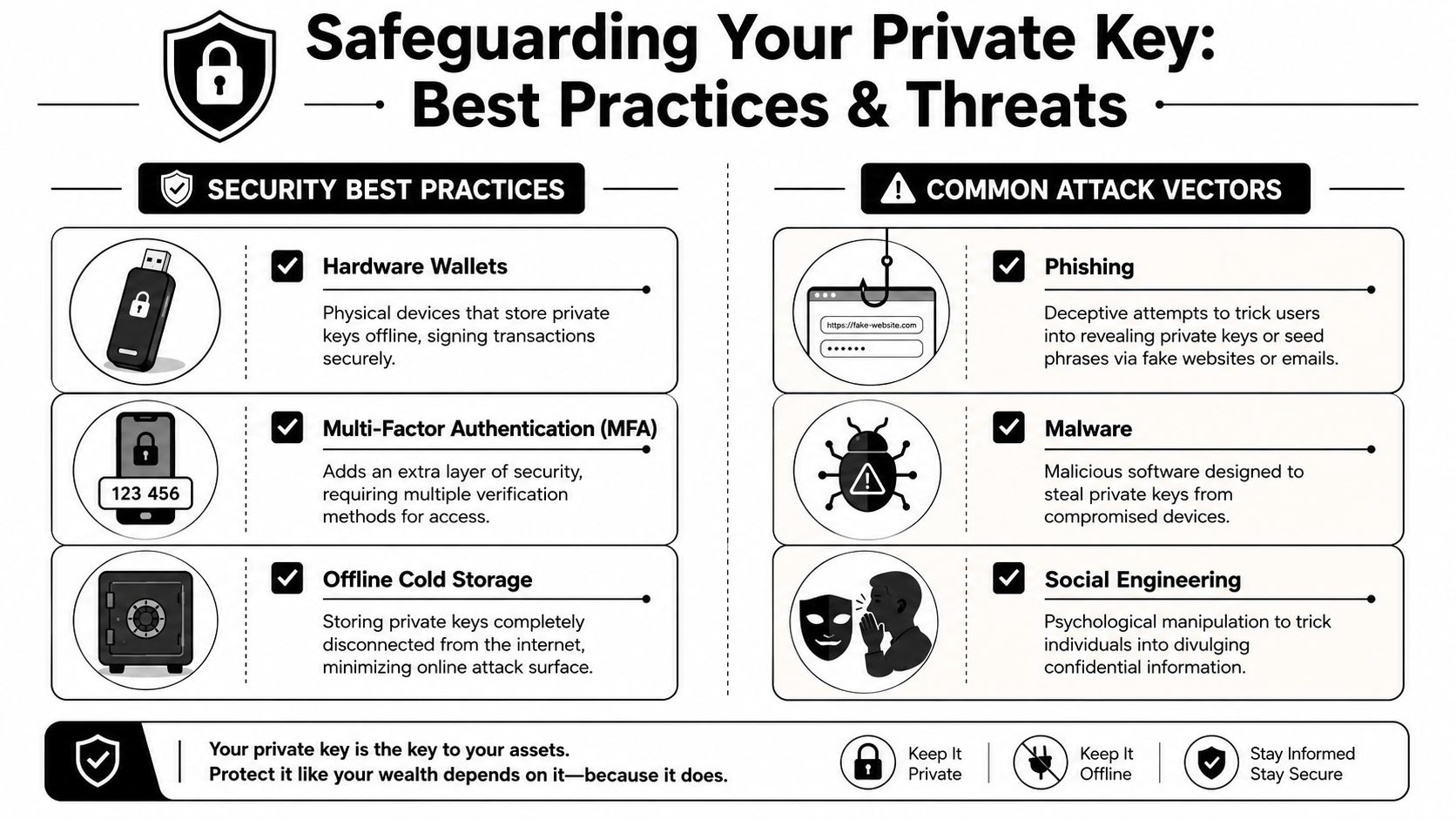An infographic detailing security best practices and common attack vectors for safeguarding cryptocurrency private keys.