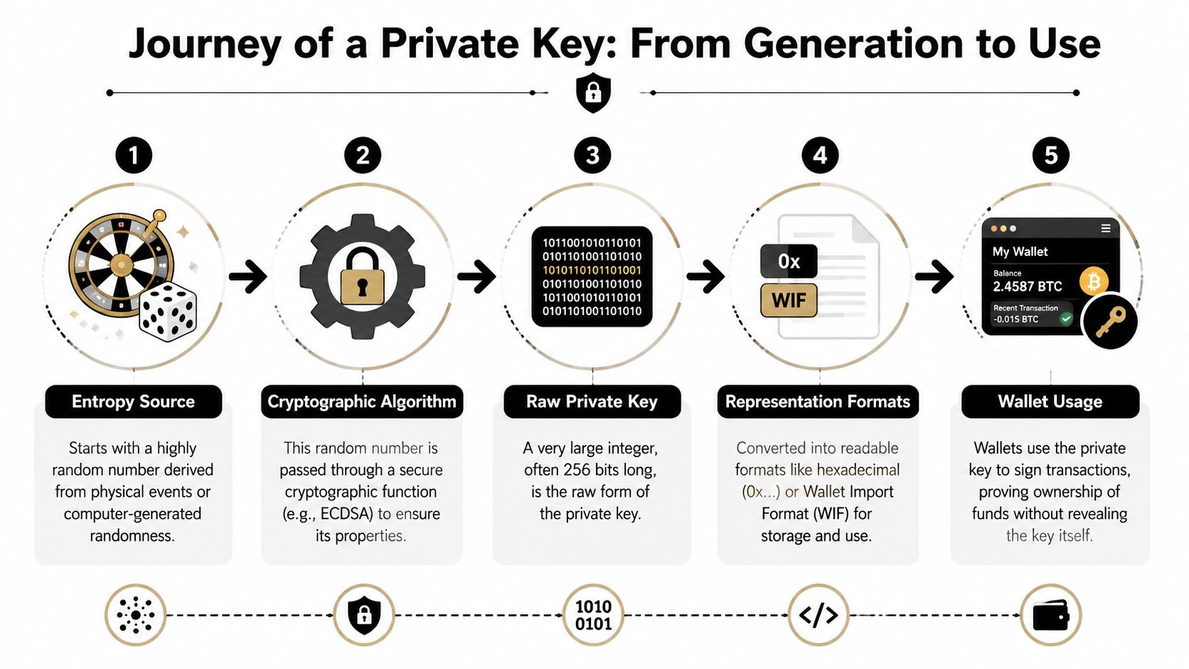 A diagram illustrating the five-step process of how a cryptocurrency private key is generated and used.