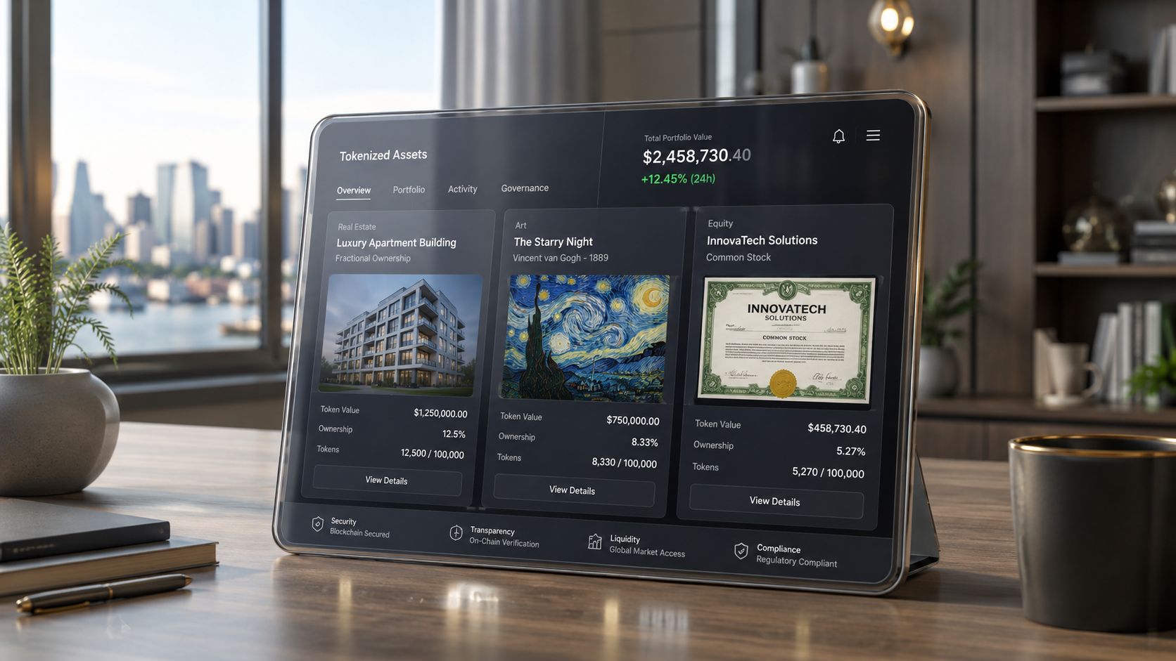 Digital tablet displaying a portfolio of tokenized real estate, art, and equity assets on a wooden desk.