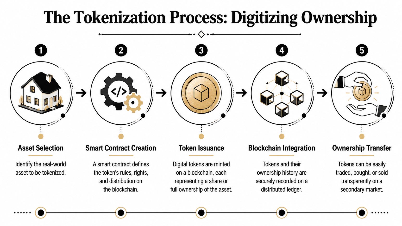 An infographic showing the five-step process of tokenizing real-world assets like property into digital blockchain tokens.