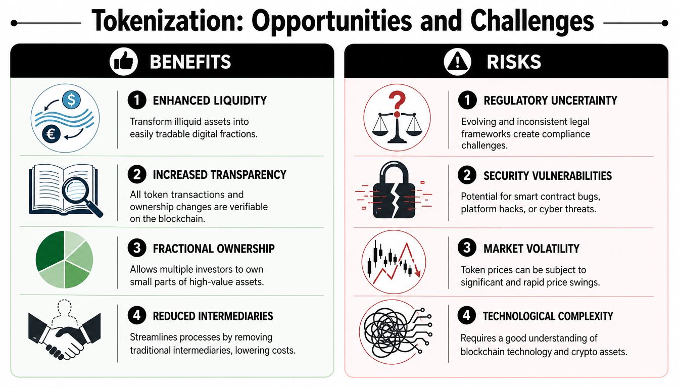 An infographic titled Tokenization: Opportunities and Challenges, displaying a list of benefits and risks for digital asset tokenization.