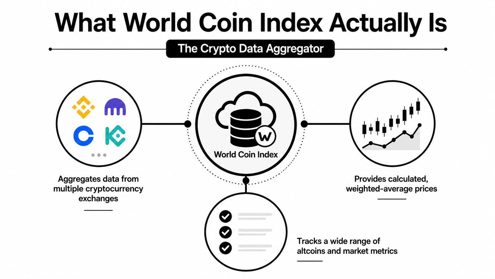 An infographic titled What World Coin Index Actually Is explaining its role as a crypto data aggregator.