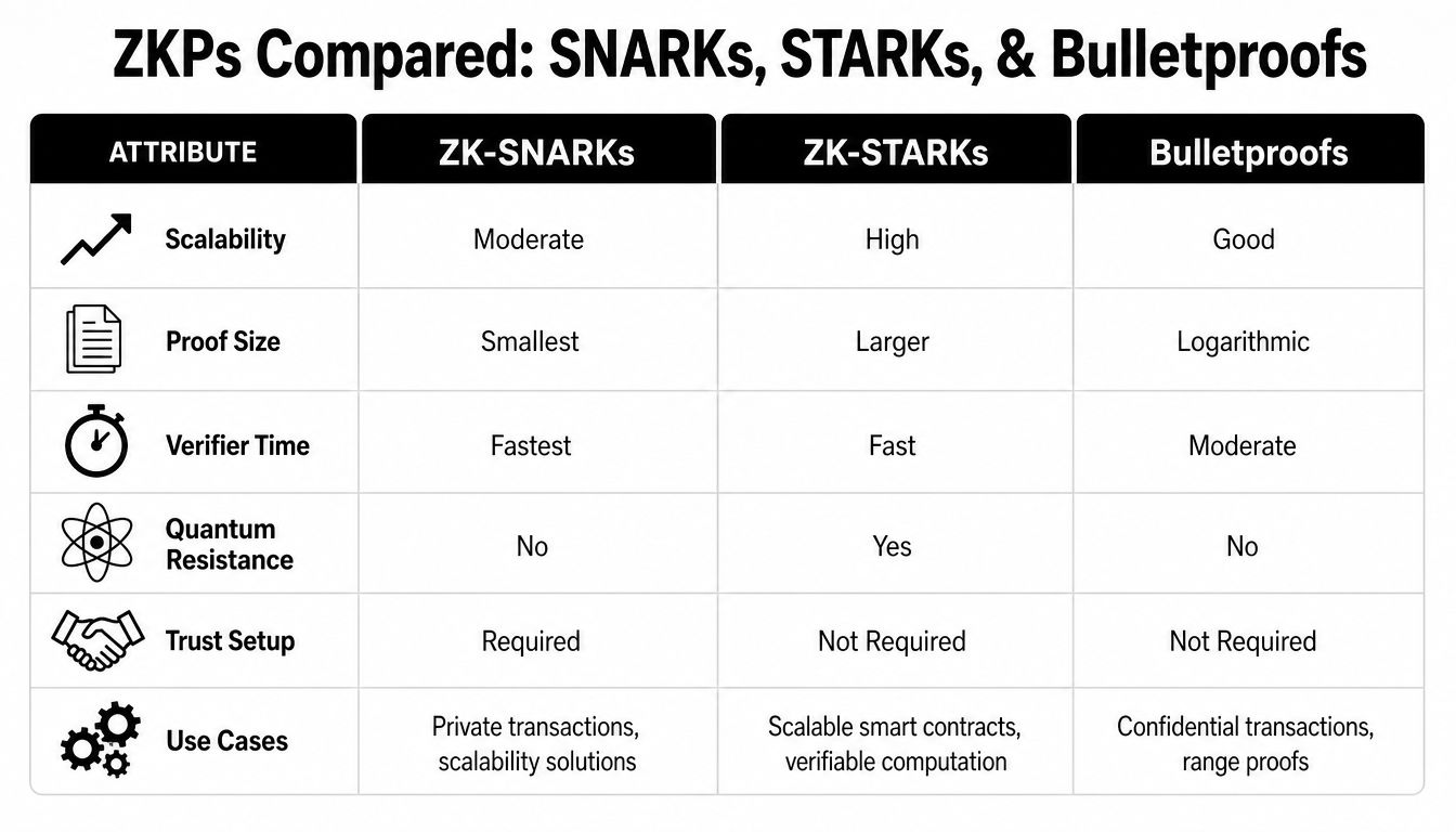 A comparison table detailing the attributes of ZK-SNARKs, ZK-STARKs, and Bulletproofs zero-knowledge proof technologies.