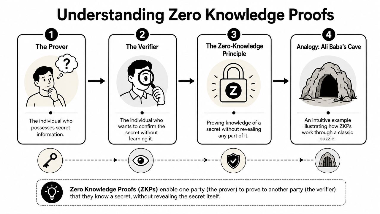 A diagram illustrating the concept of Zero Knowledge Proofs featuring a prover, verifier, and Ali Baba's cave.