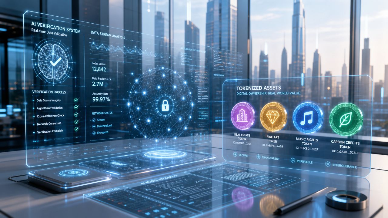 A futuristic digital dashboard showing blockchain verification systems and tokenized assets floating over a modern office desk.