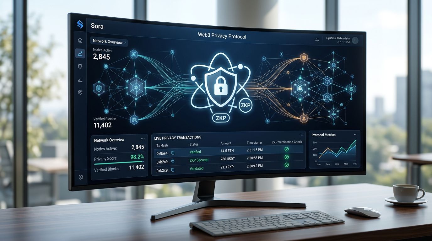 A computer monitor displaying a Web3 privacy protocol dashboard with data visualization and blockchain network metrics.