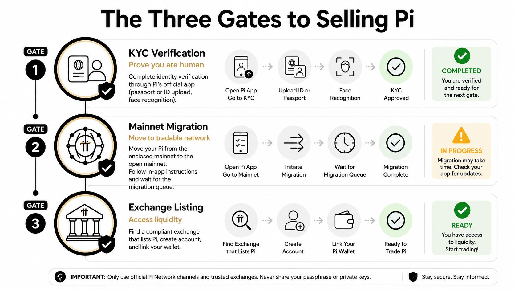 A visual guide illustrating the three essential gates required to successfully sell Pi Network cryptocurrency coins.