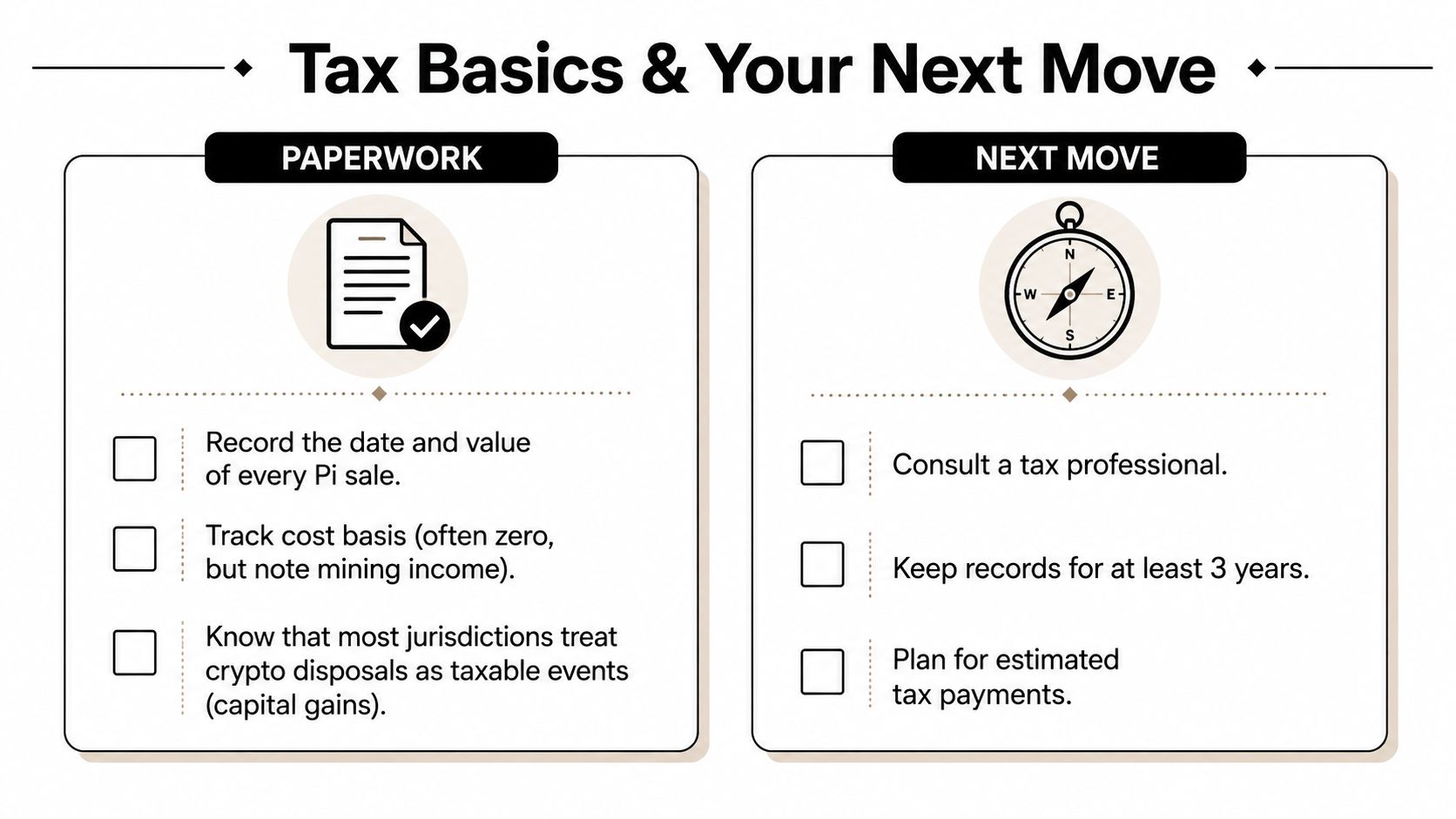 An infographic titled Tax Basics and Your Next Move detailing tips for tracking and reporting Pi cryptocurrency transactions.