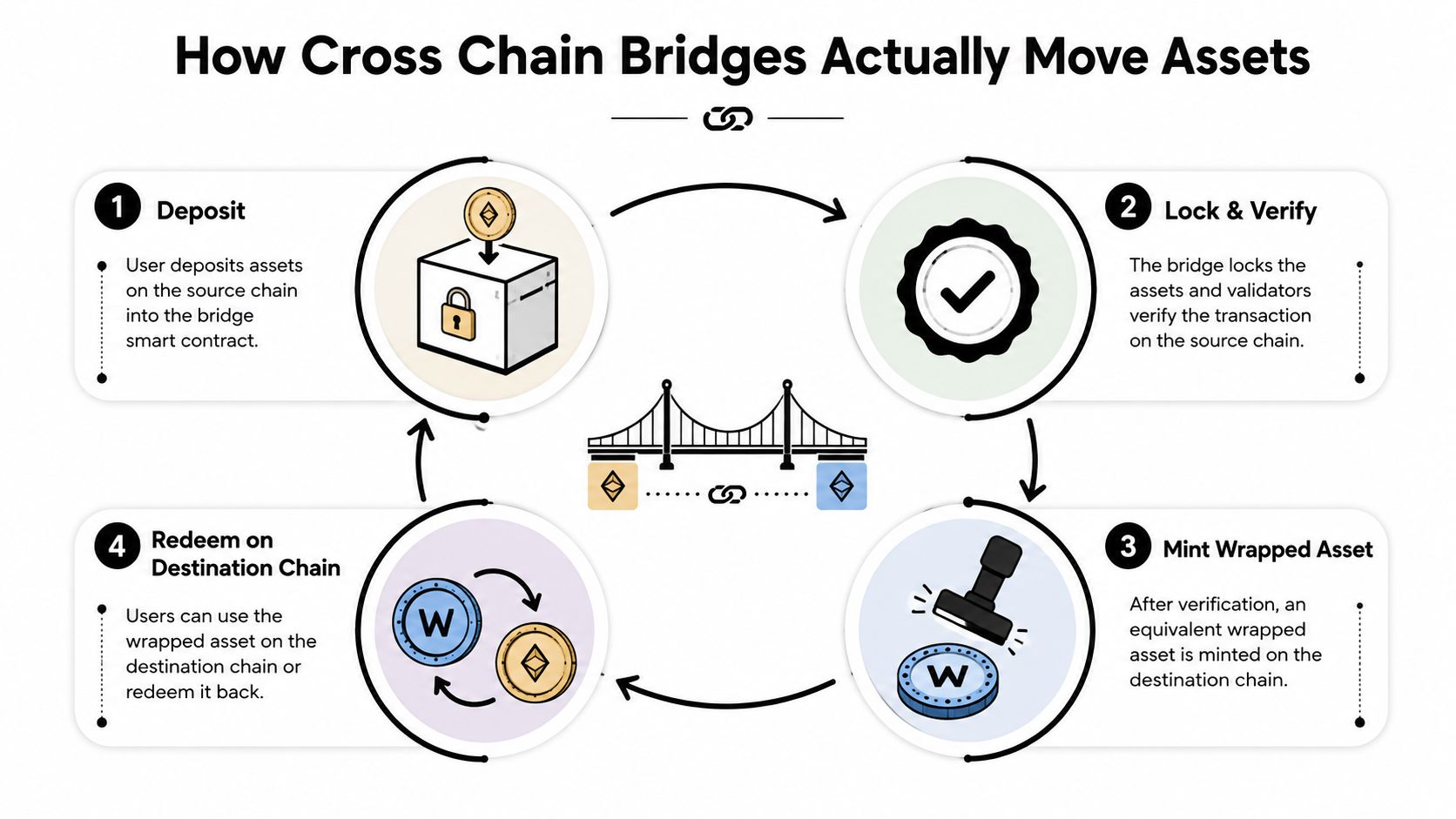 A four-step infographic illustrating how cross-chain bridges move assets between different blockchain networks using smart contracts.
