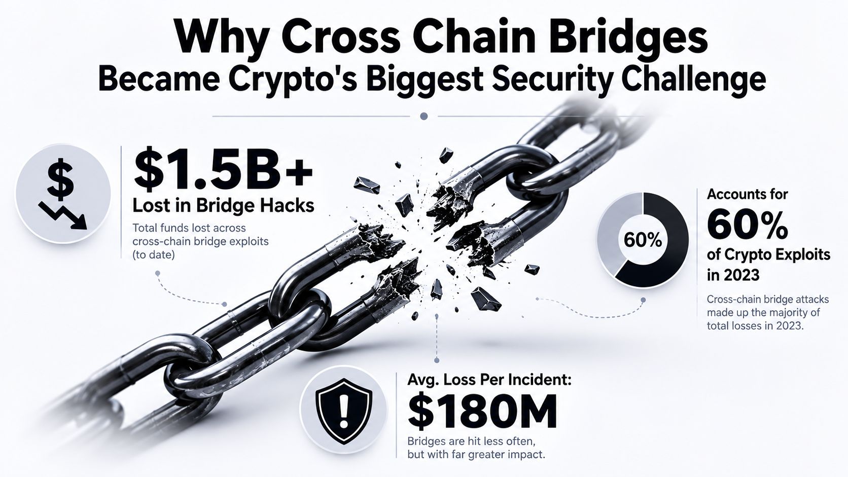 An infographic illustrating that cross chain bridges are a major security challenge with over 1.5 billion dollars lost.