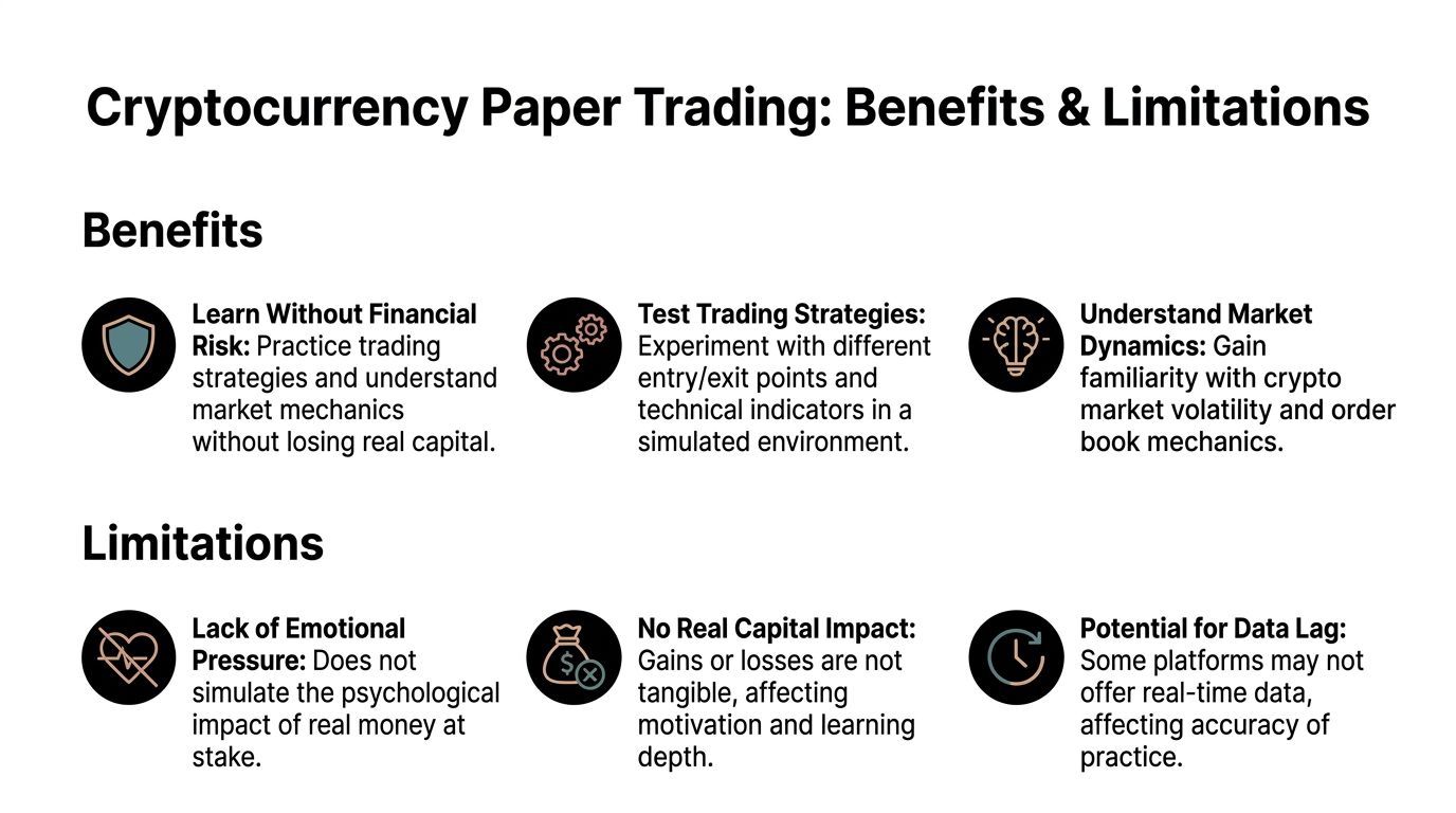 An infographic titled Cryptocurrency Paper Trading showing three benefits and three limitations of simulated trading practice.