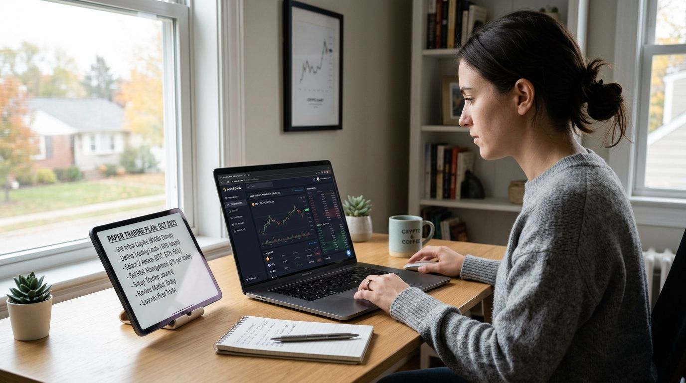 A woman working on cryptocurrency paper trading at her home desk with a laptop and tablet.