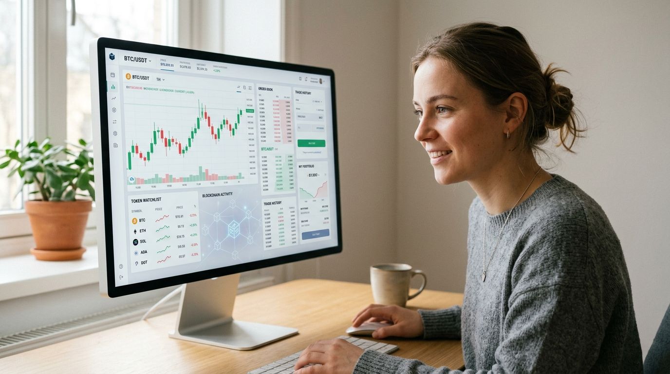 A woman smiling while looking at a cryptocurrency trading dashboard on her computer monitor at home.