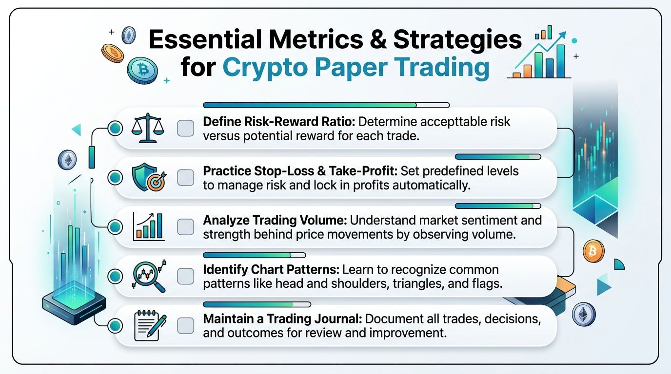An infographic titled Essential Metrics and Strategies for Crypto Paper Trading outlining five key trading practice steps.