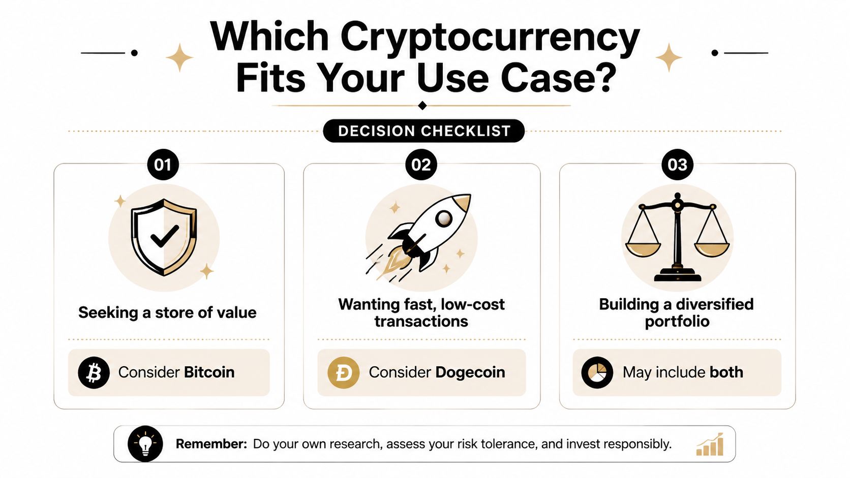 A decision checklist infographic helping users choose between Bitcoin and Dogecoin for their specific investment needs.