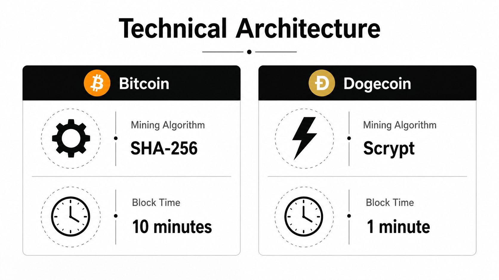A comparison chart showing Bitcoin using SHA-256 and Dogecoin using Scrypt with their respective block times.