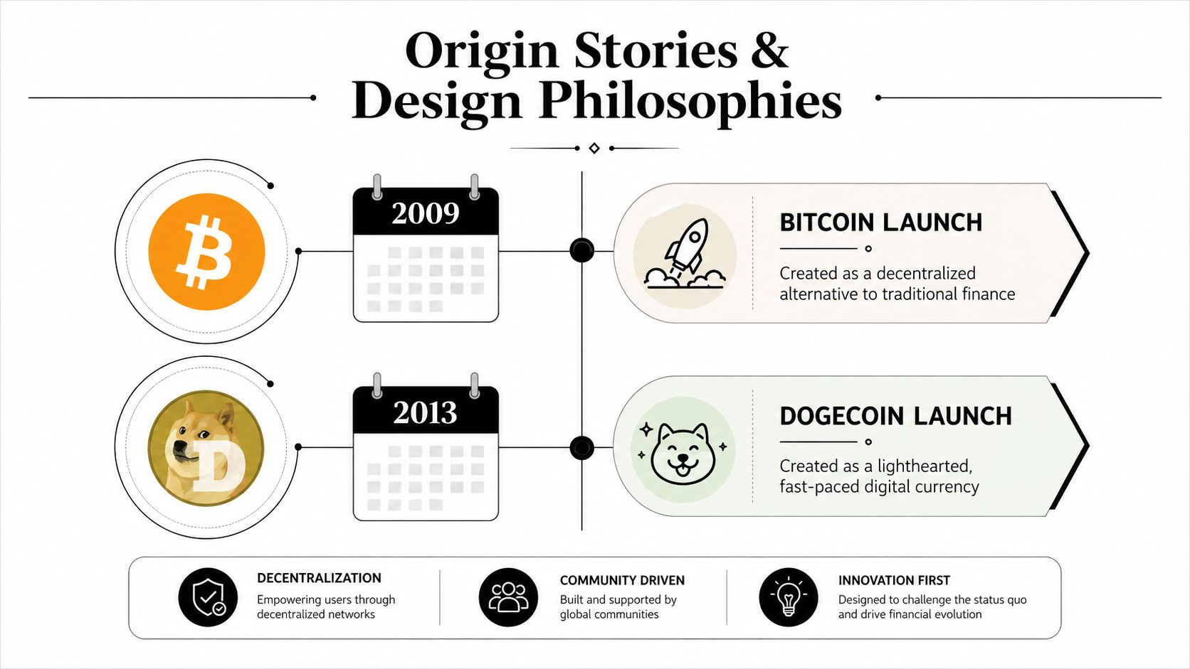 A timeline graphic comparing the origin stories and philosophies of Bitcoin from 2009 and Dogecoin from 2013.