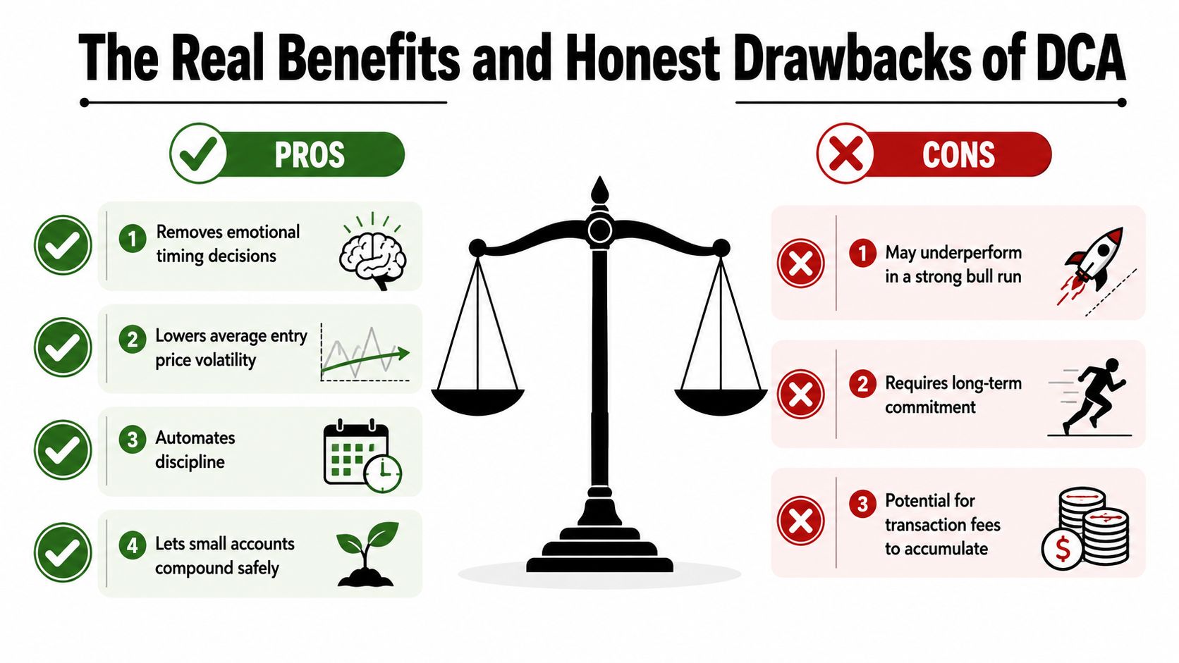A comparison chart showing the benefits and drawbacks of using dollar cost averaging for investing.