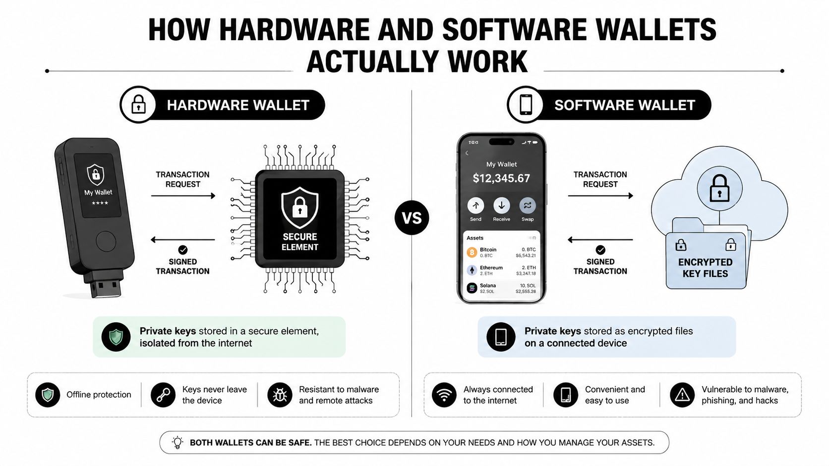 A comparison chart showing how hardware wallets securely store keys offline versus software wallets storing keys online.