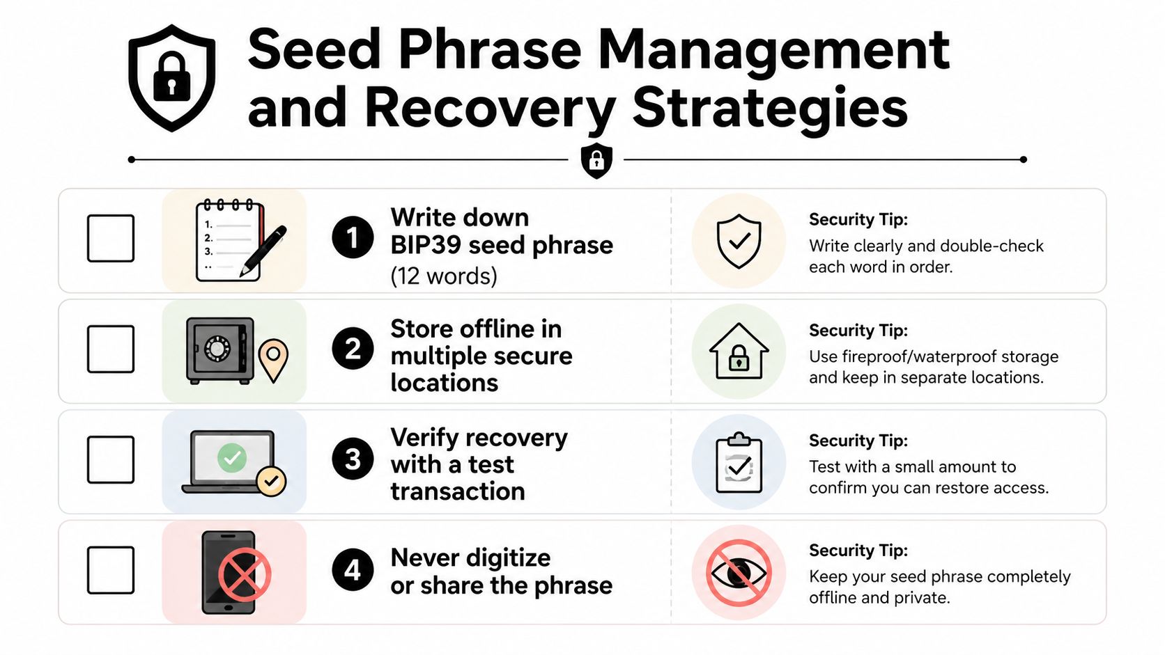 An infographic showing four steps for secure crypto seed phrase management and recovery strategies for users.