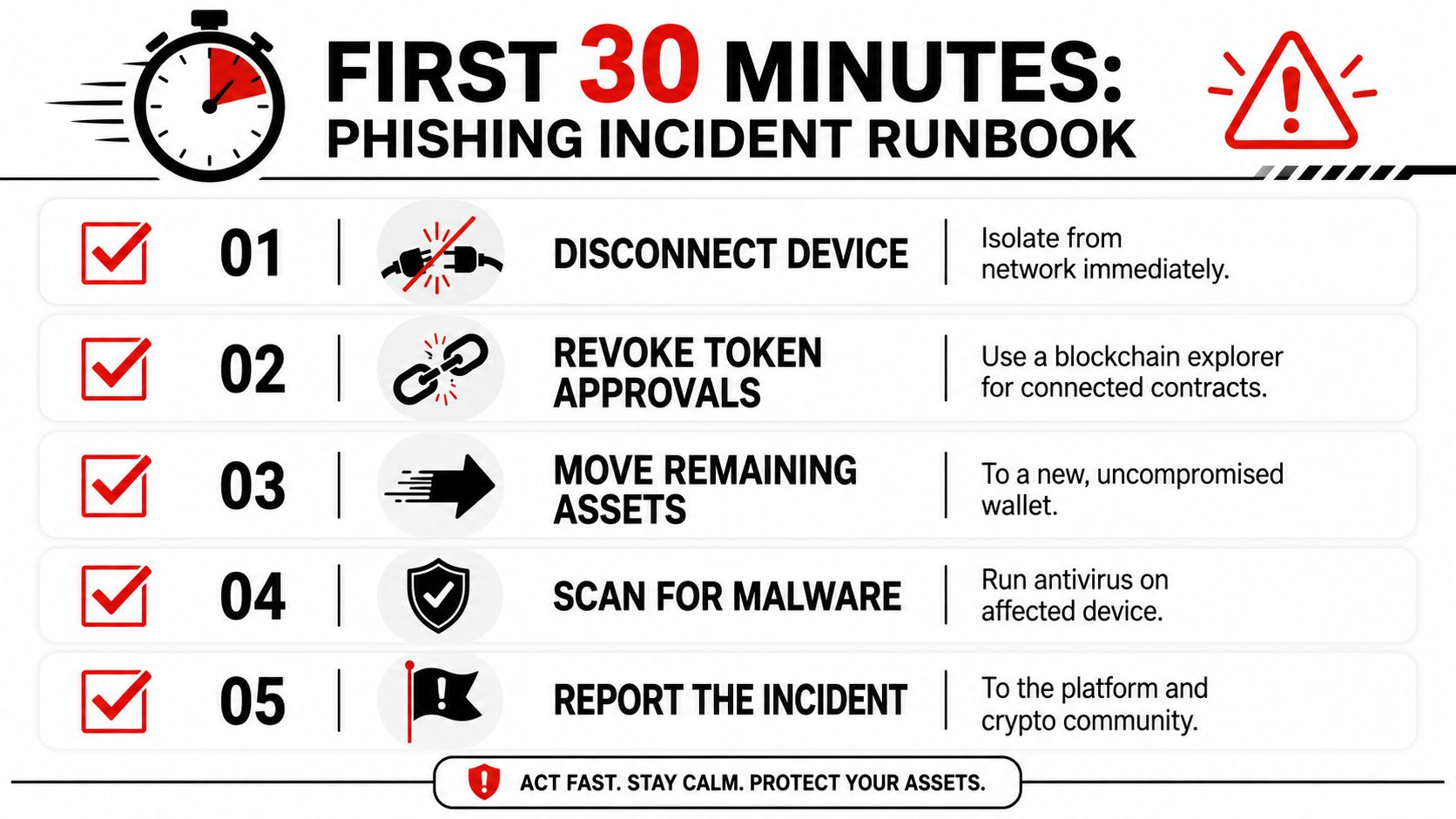An infographic titled First 30 Minutes Phishing Incident Runbook outlining five critical steps for responding to crypto hacks.