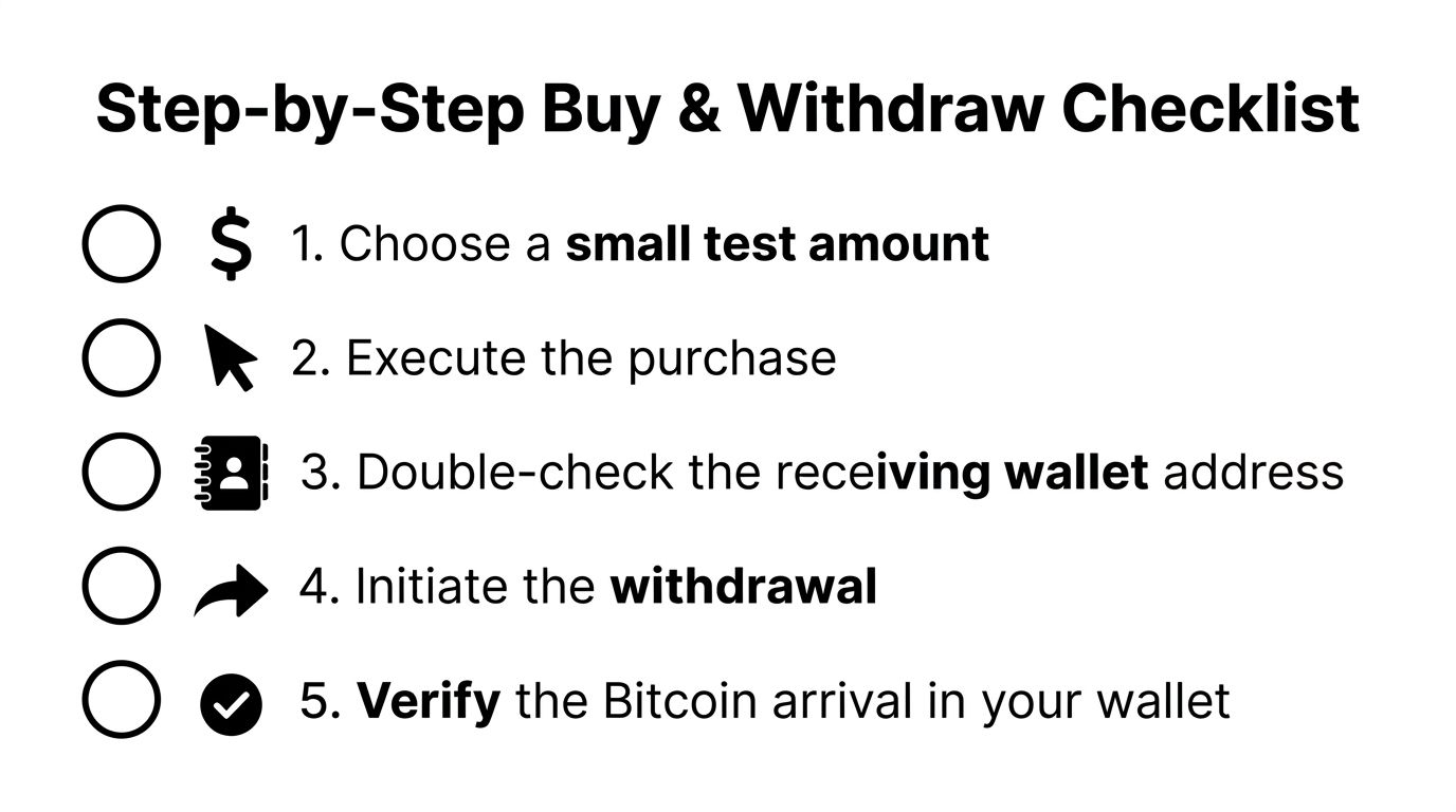 A step-by-step checklist guide for buying and withdrawing Bitcoin safely, featuring five simple instructions with icons.