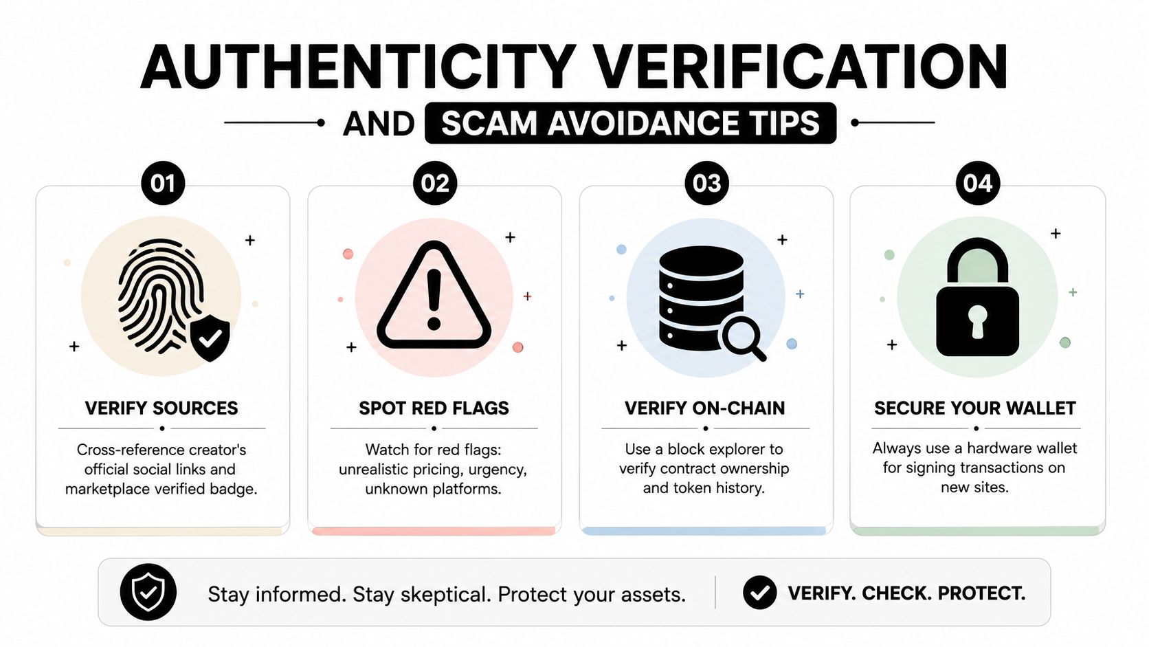 An infographic detailing four essential steps for authenticating digital assets and avoiding cryptocurrency scams securely.