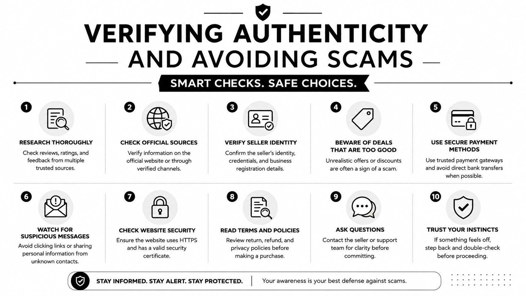 A ten-point infographic detailing essential tips for verifying business authenticity and safely avoiding online scams.