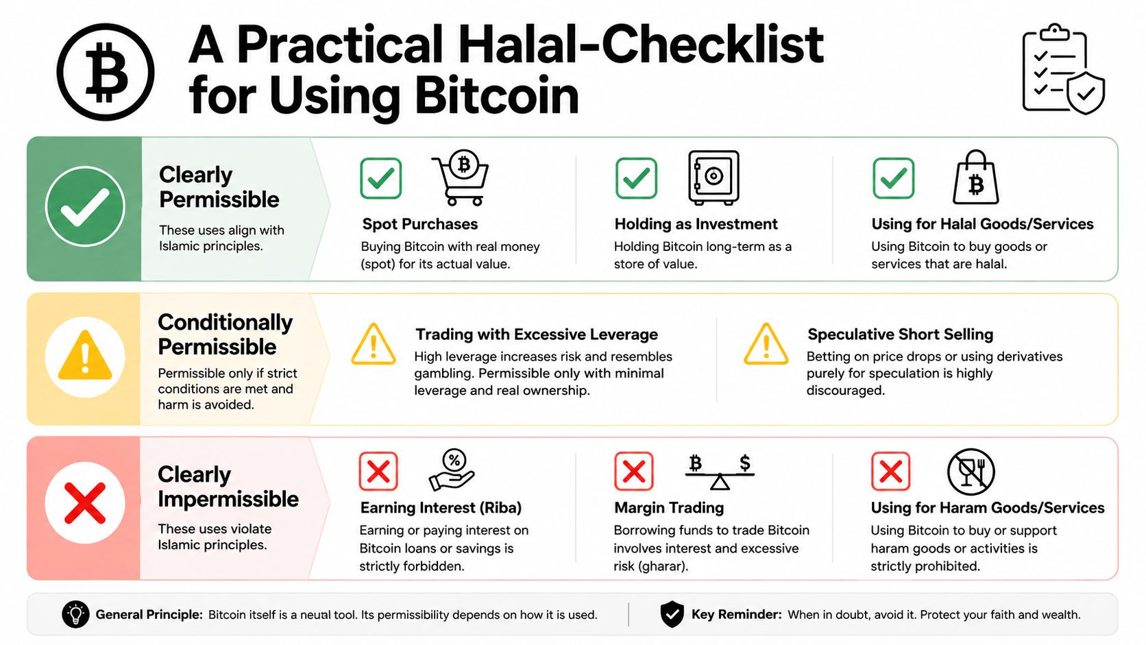 A visual guide illustrating the Islamic permissibility of using Bitcoin for various financial activities and transactions.
